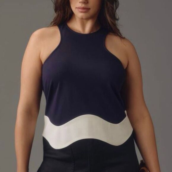 Sunday In Brooklyn Color Block Navy Scalloped Hem Tank Top NWT Size Medium - Picture 1 of 7